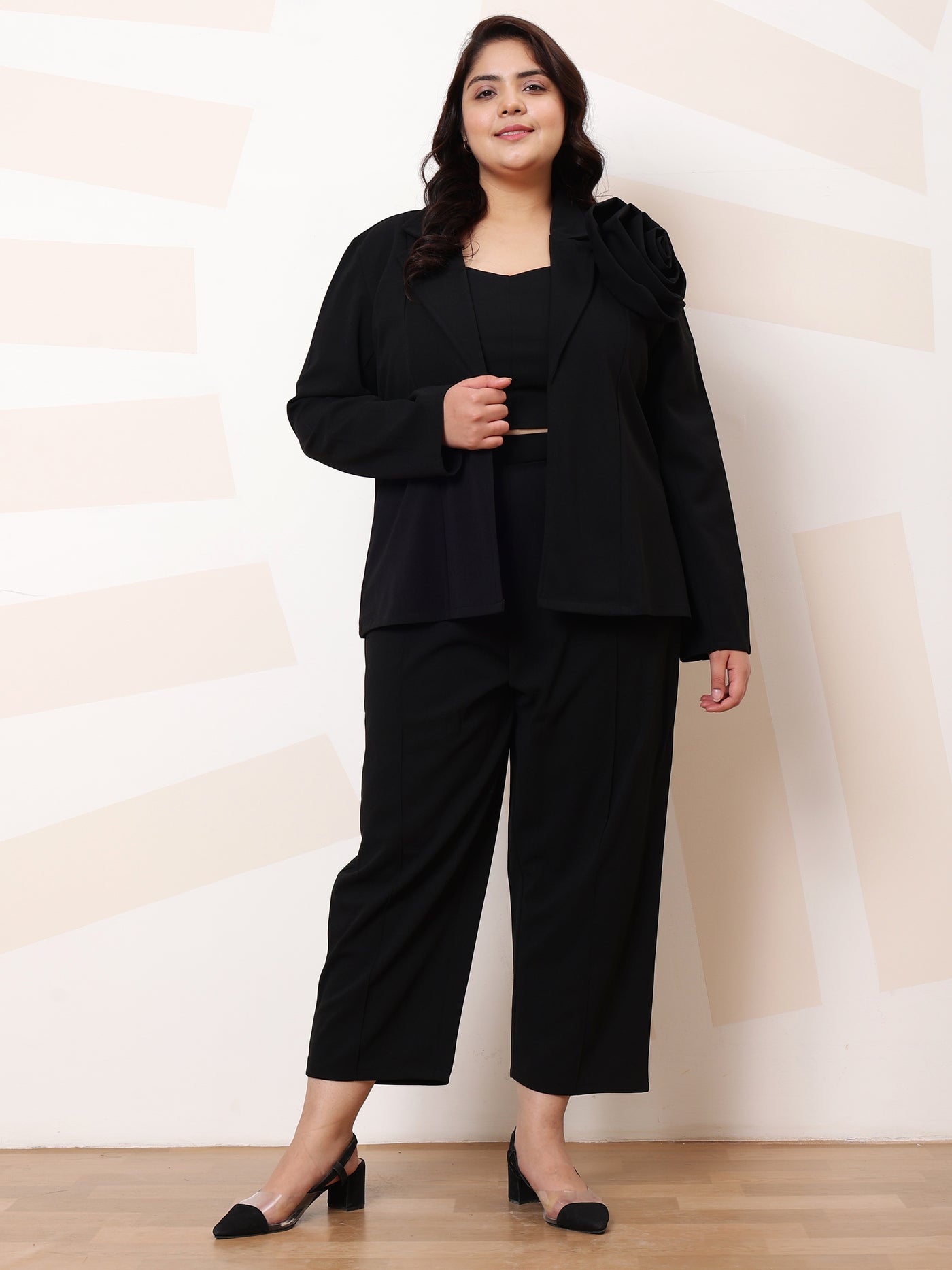 Athena Ample Black Plus Size Long Sleeves Top and Blazer With Trouser Co-Ords Set