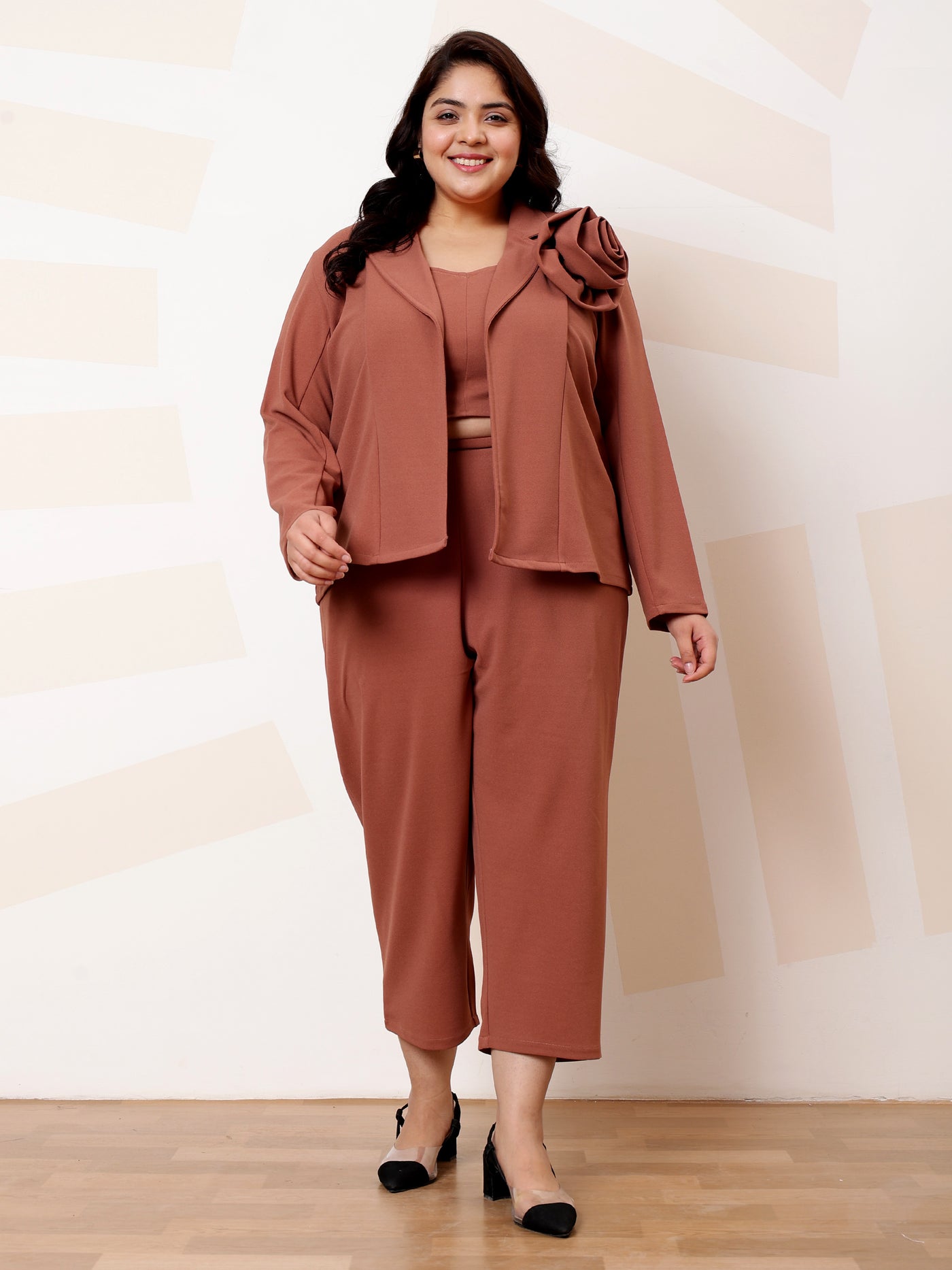 Athena Ample Brown Plus Size Long Sleeves Top Blazer With Trouser Co-Ords Set