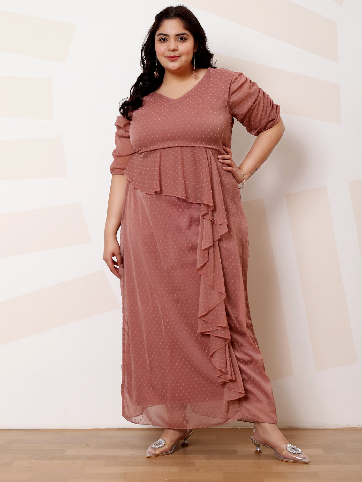 Athena Ample Plus Size Polka Dot Printed Ruffled Maxi Casual Dress