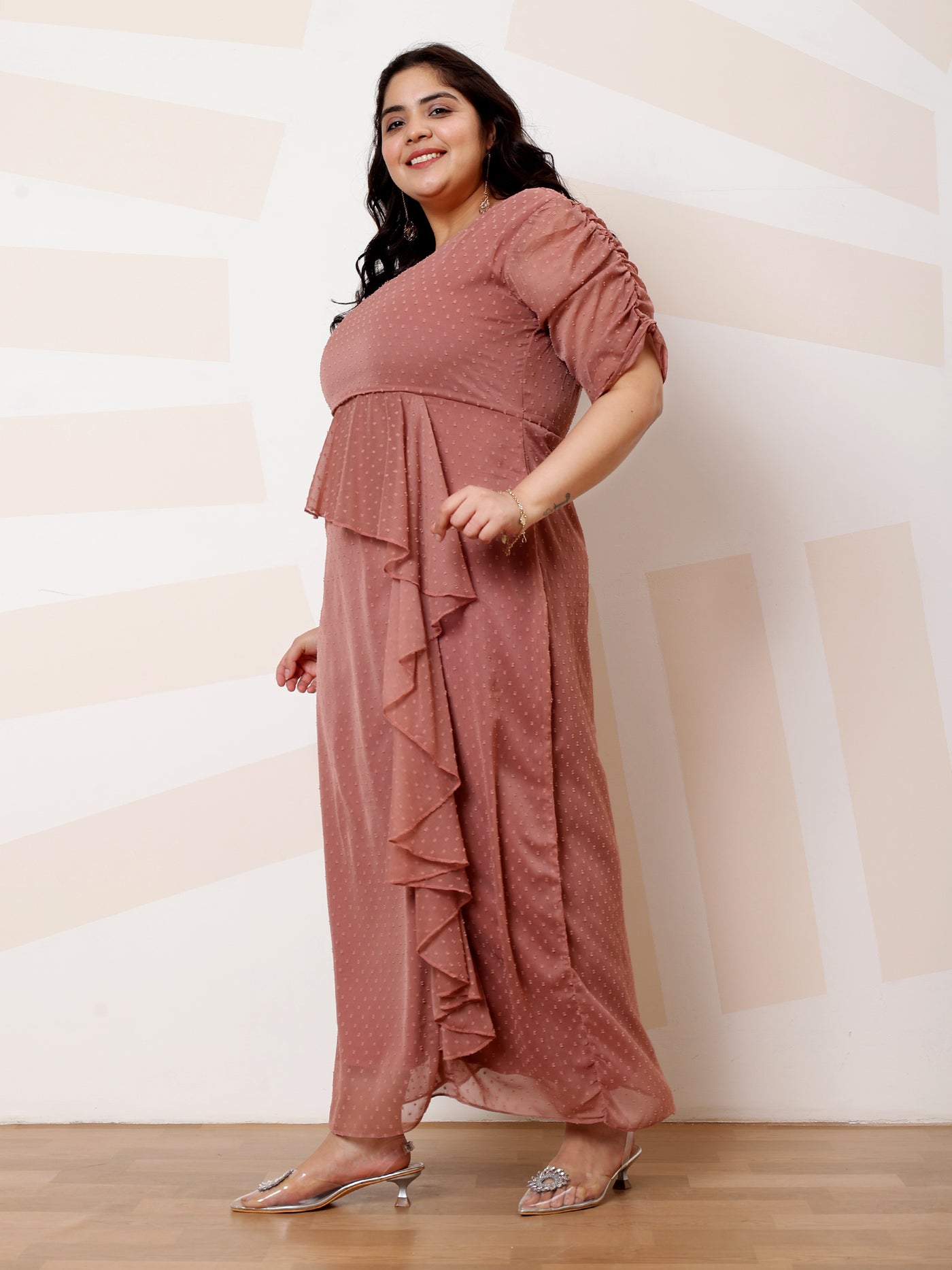 Athena Ample Plus Size Polka Dot Printed Ruffled Maxi Casual Dress