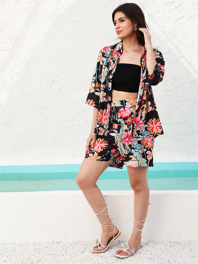 Athena Black & Pink Floral Printed Shirt With Printed Shorts Co-Ords