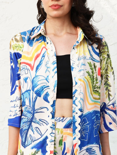 Athena White & Blue Tropical Printed Shirt With Printed Shorts Co-Ords