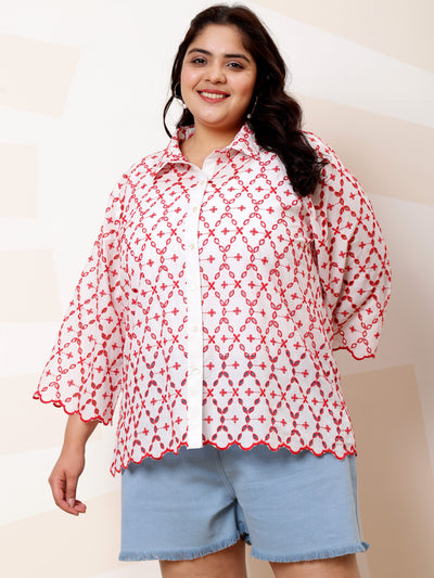 Athena Ample Plus Size Floral Schiffli Cotton Casual Shirt