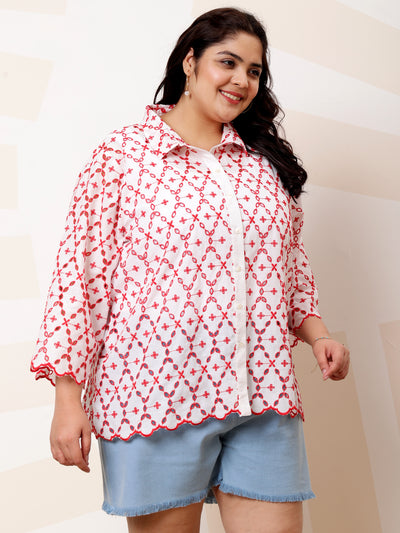 Athena Ample Plus Size Floral Schiffli Cotton Casual Shirt