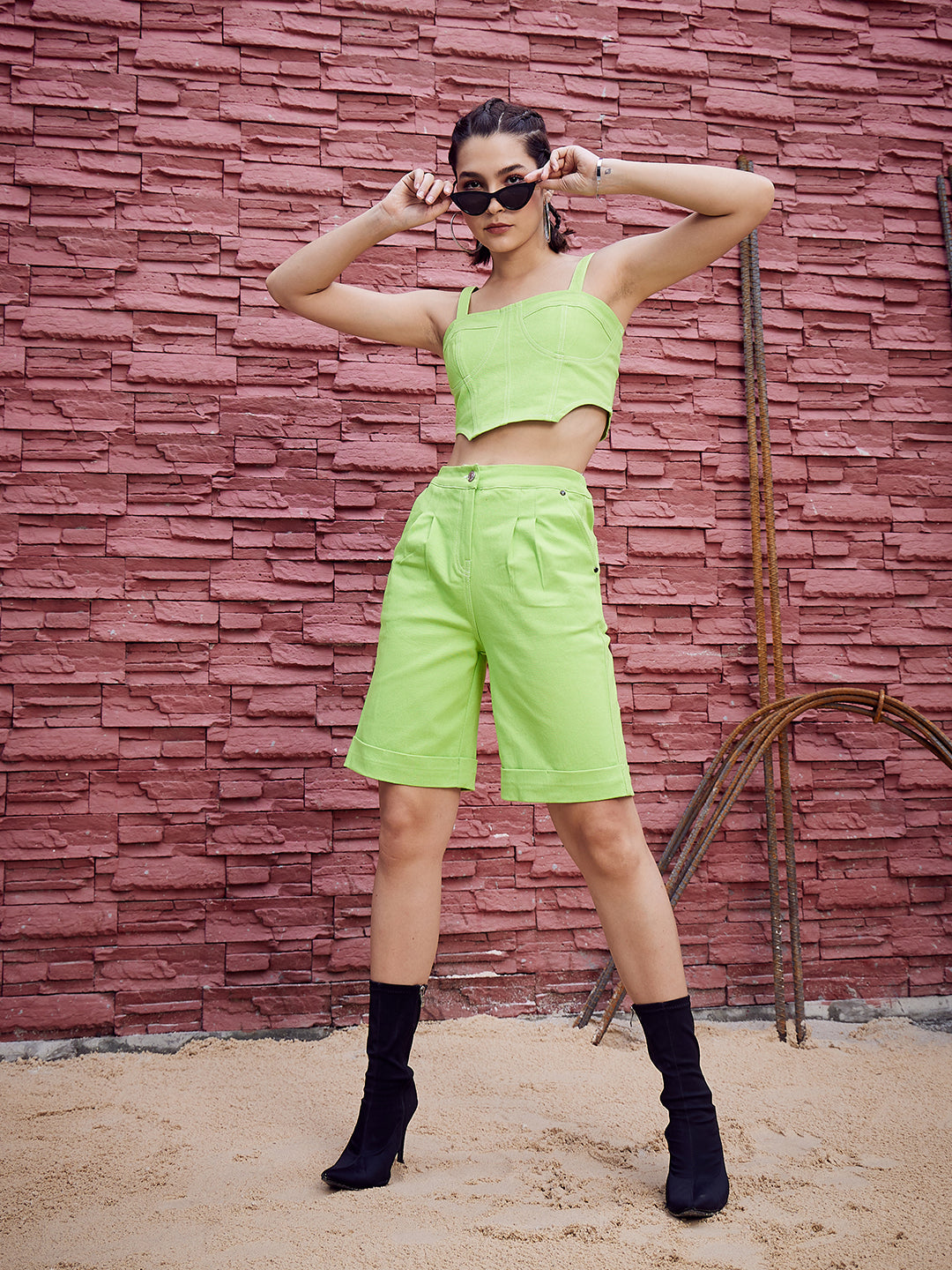 Athena Women Green Mid-Rise Denim Shorts