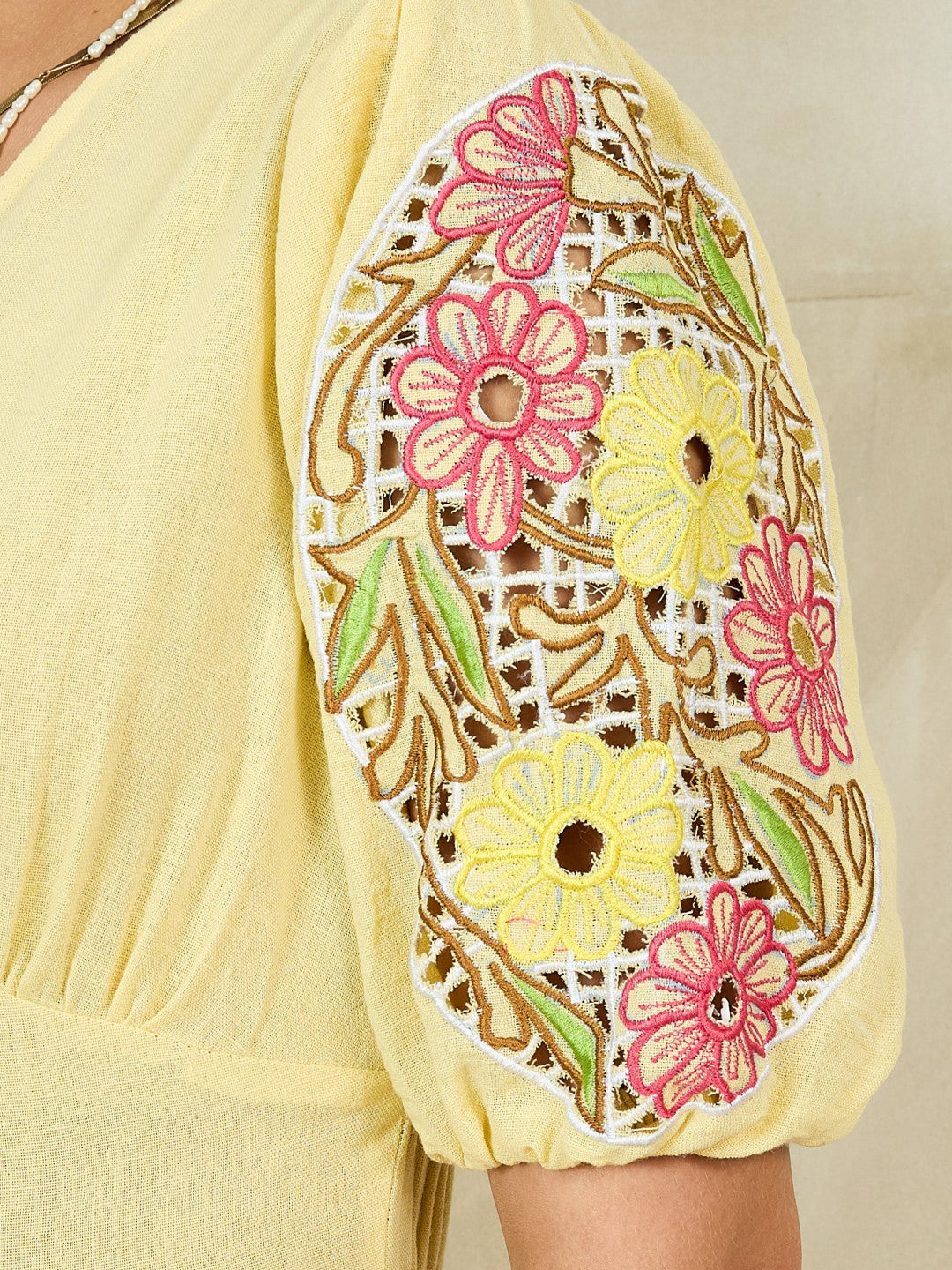 Boho By Athena Embroidered Puff Sleeves Cotton Fit & Flare Midi Dress