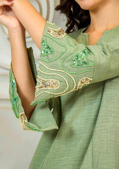 Athena Embroidered V-Neck Beads and Stones Linen Straight Kurta With Trousers