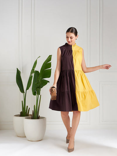 Athena Yellow Colorblocked Tiered A-Line Cotton Midi Dress - Athena Lifestyle