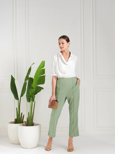 Athena Women Green Original Straight Fit High-Rise Cropped Trousers - Athena Lifestyle