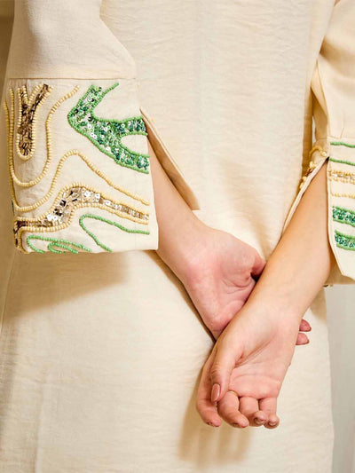 Athena Beads And Stones V-Neck Linen Kurta With Trousers