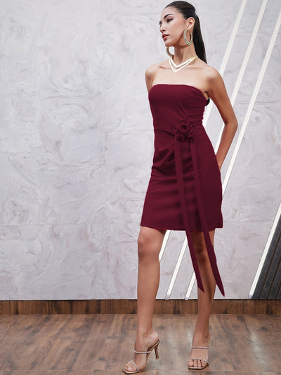 Athena Maroon Strapless Corsage Detailed Sheath Dress