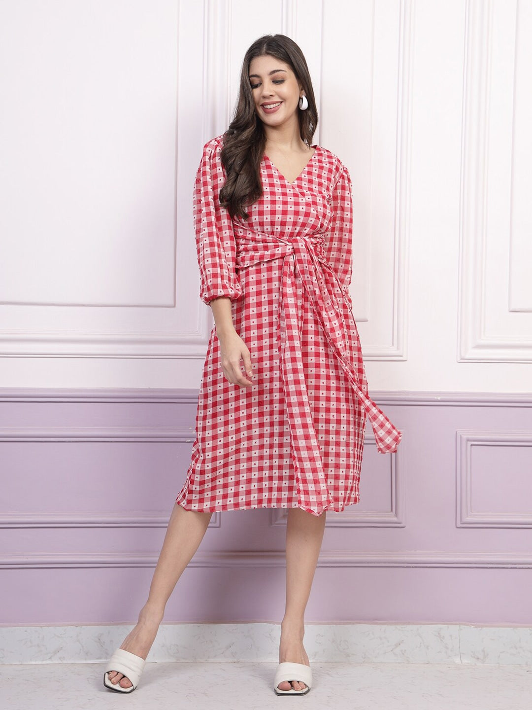 Athena Checked Tie-Ups Georgette Wrap Dress