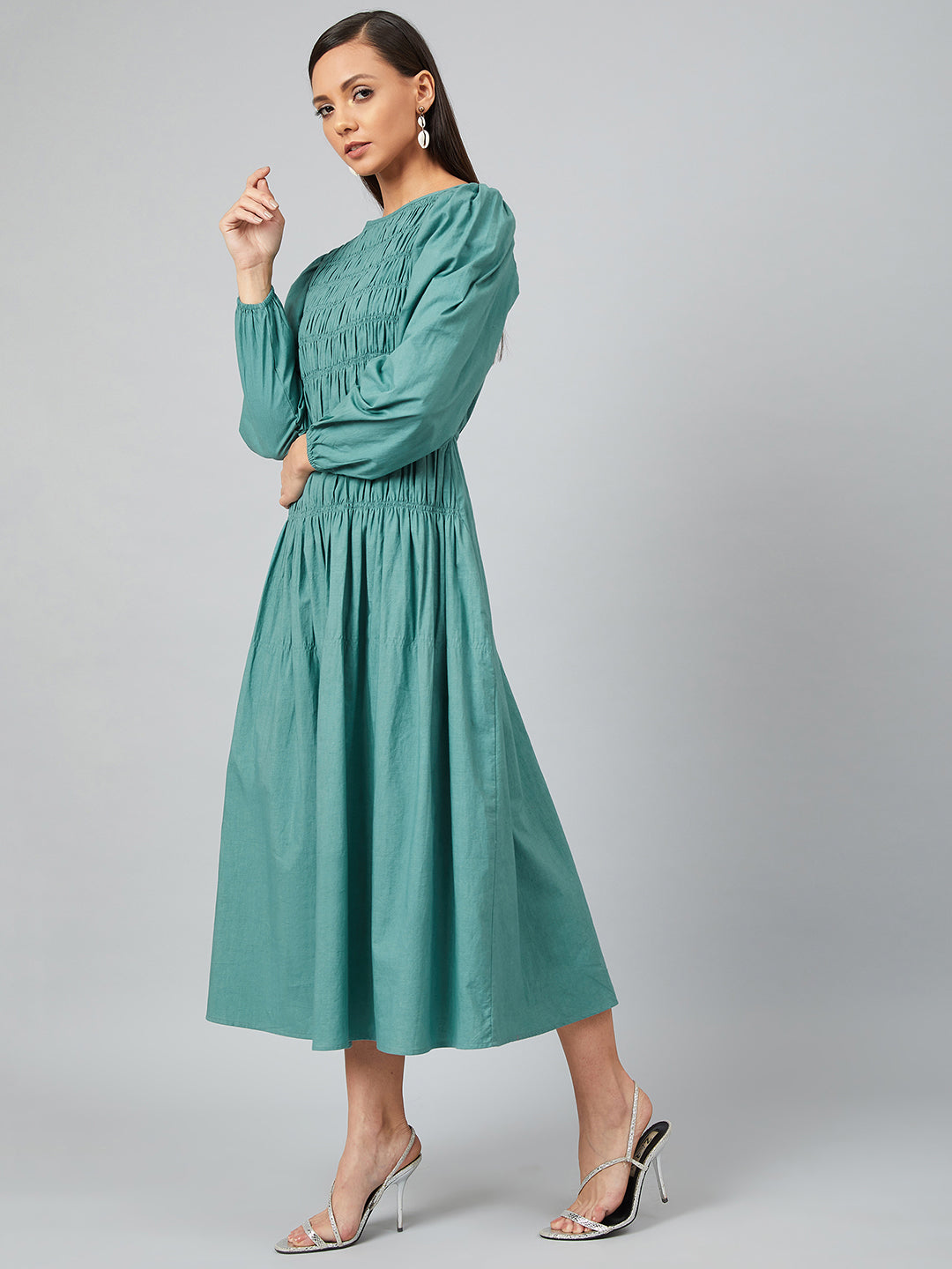 Athena Women Teal Green Solid Smocked A-Line Dress