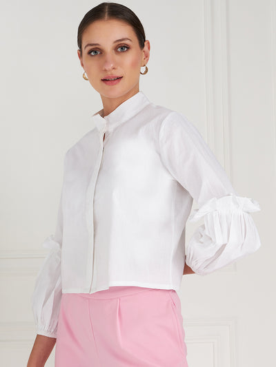 Athena White Mandarin Collar Puff Sleeves Ruffled Cotton Shirt Style Top - Athena Lifestyle