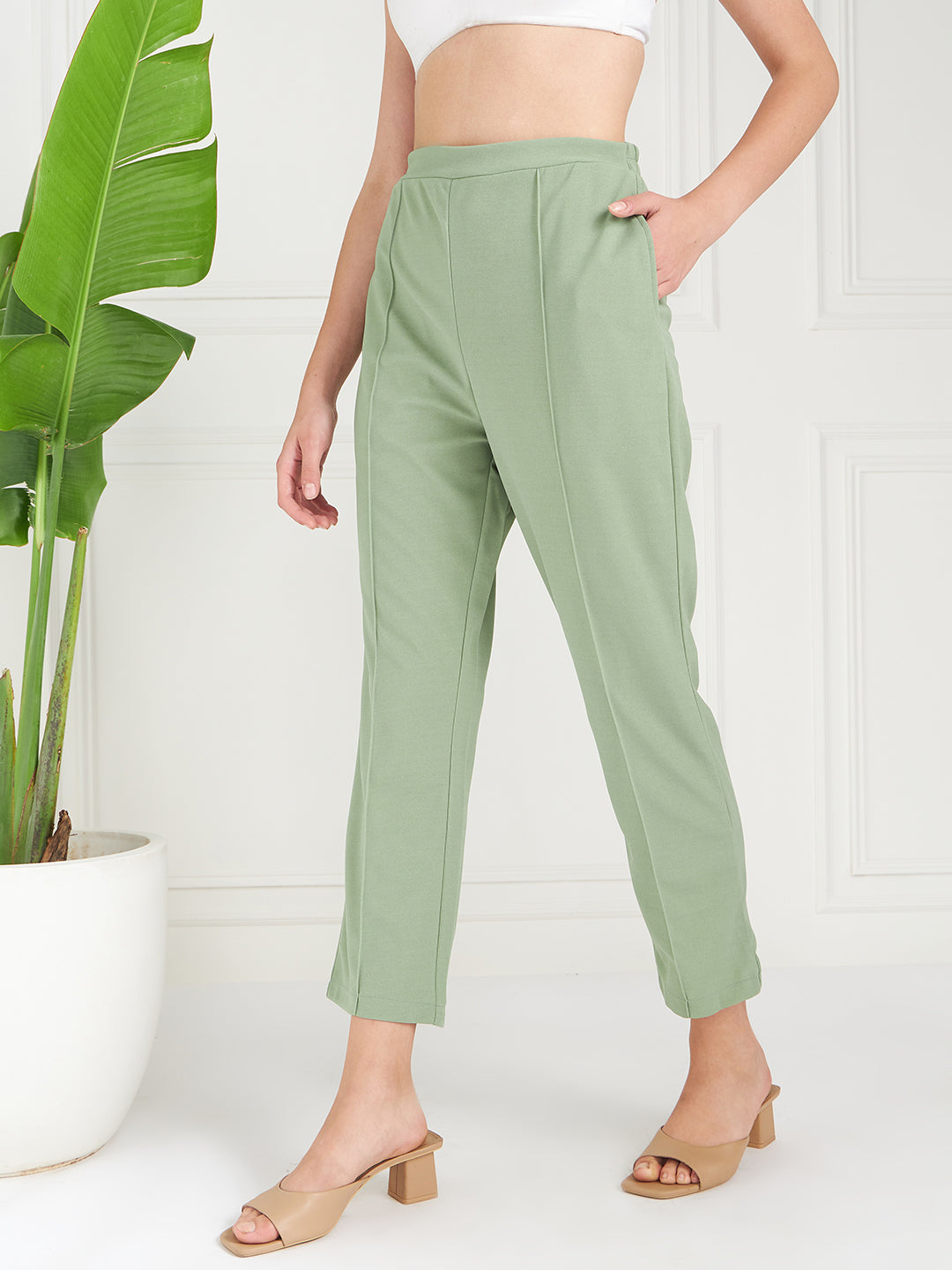 Athena Women Green Original Straight Fit High-Rise Cropped Trousers - Athena Lifestyle