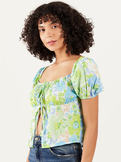 Athena Floral Printed Square Neck Puff Sleeve Tie-Up Regular Crop Top