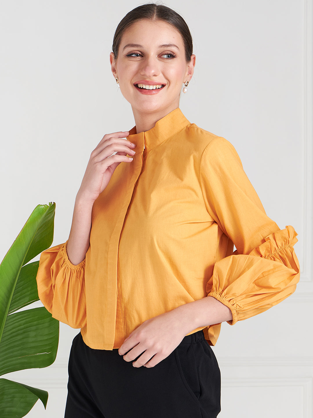 Athena Orange Mandarin Collar Puff Sleeves Cotton Shirt Style Top - Athena Lifestyle