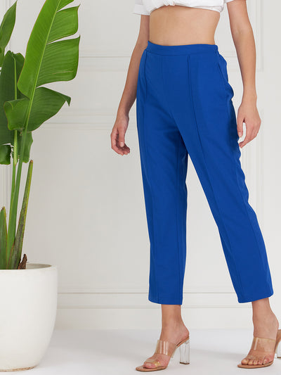Athena Women Blue Original Straight Fit High-Rise Cropped Trousers - Athena Lifestyle