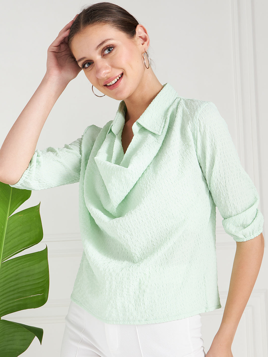 Athena Green Self Design Shirt Style Cowl Top - Athena Lifestyle