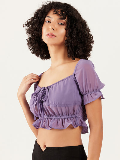 Athena Sweetheart Neck Puff Sleeve Gathered Cinched Waist Crop Top