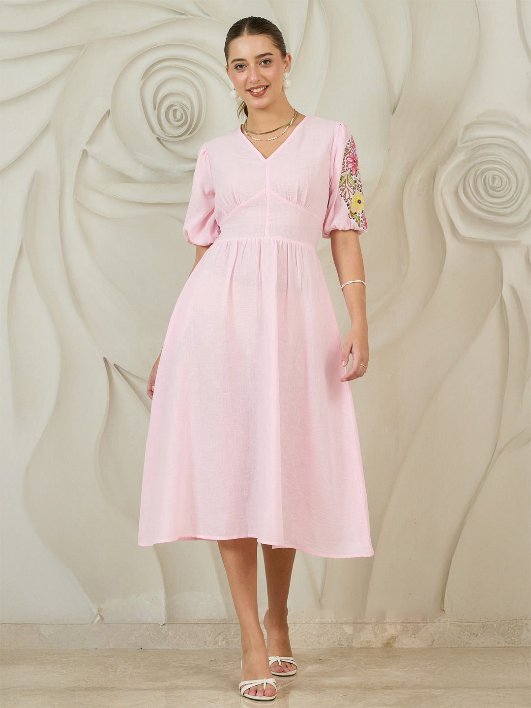 Boho By Athena Embroidered Puff Sleeves Cotton Fit & Flare Midi Dress –  athenalifestyle.com