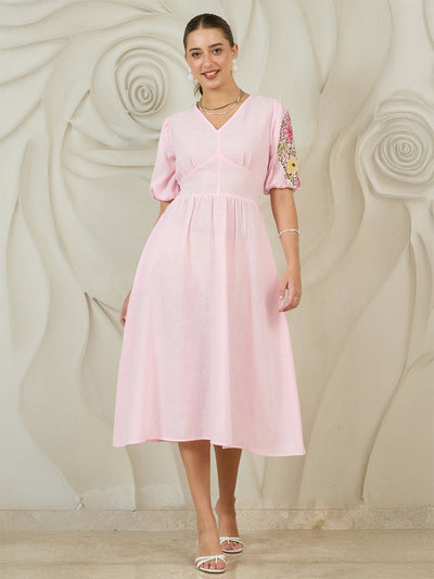 Boho By Athena Embroidered Puff Sleeves Cotton Fit & Flare Midi Dress