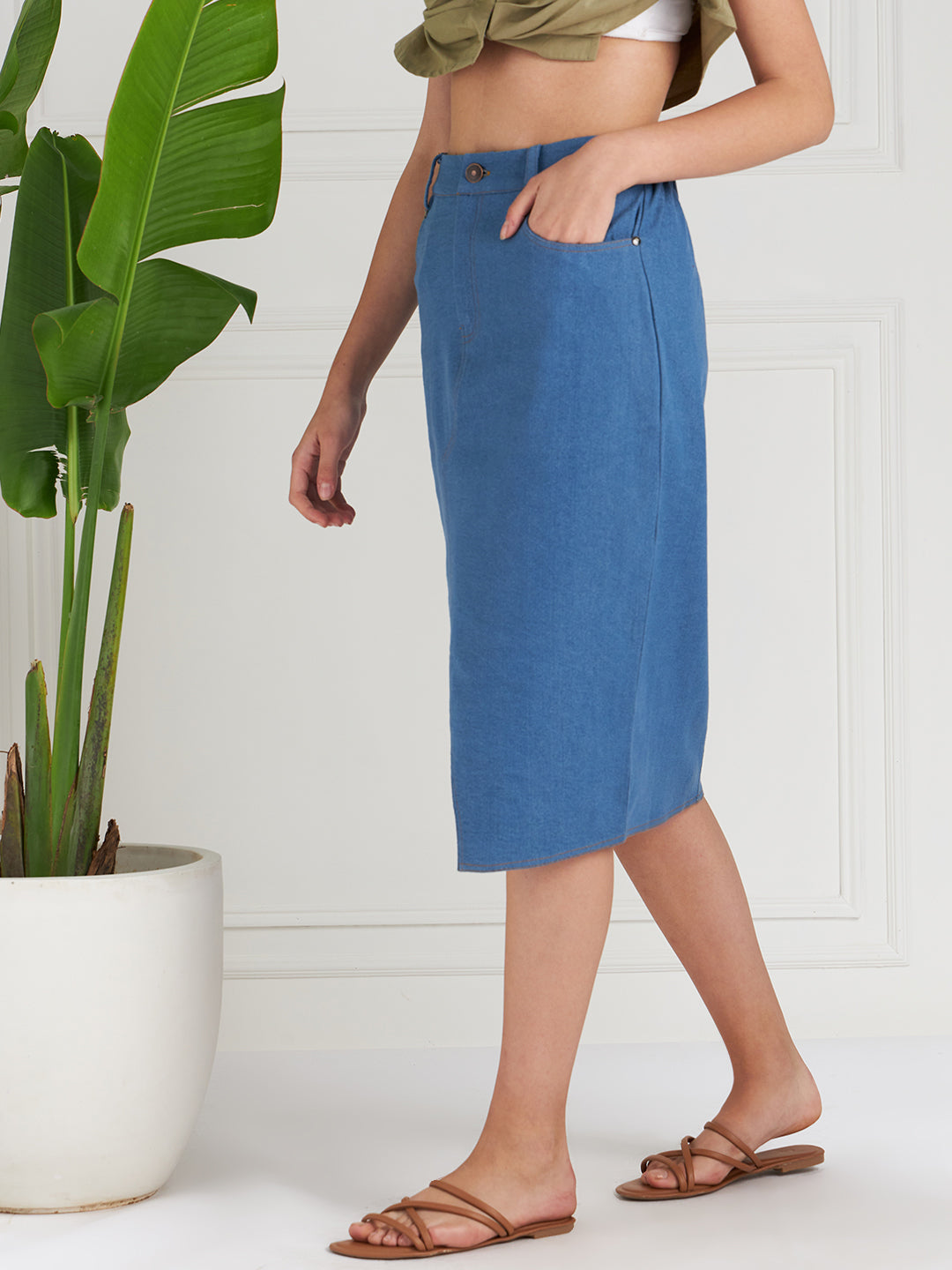 Athena Women Blue Denim Front Slit Knee Length A-Line Skirt - Athena Lifestyle