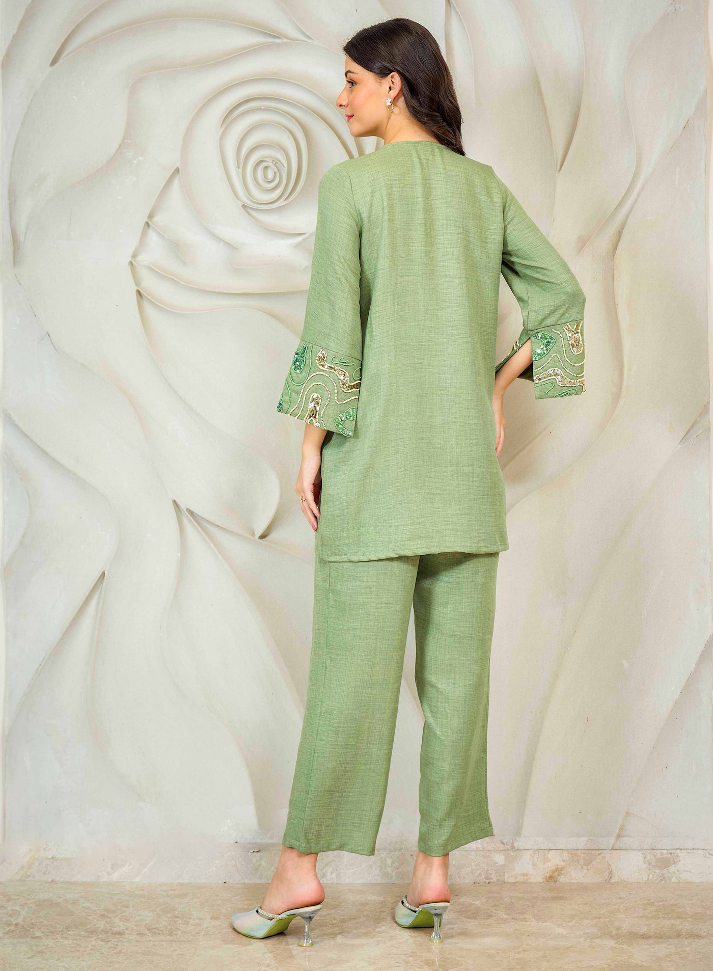 Athena Embroidered V-Neck Beads and Stones Linen Straight Kurta With Trousers