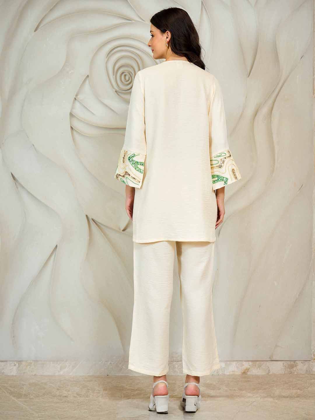 Athena Beads And Stones V-Neck Linen Kurta With Trousers