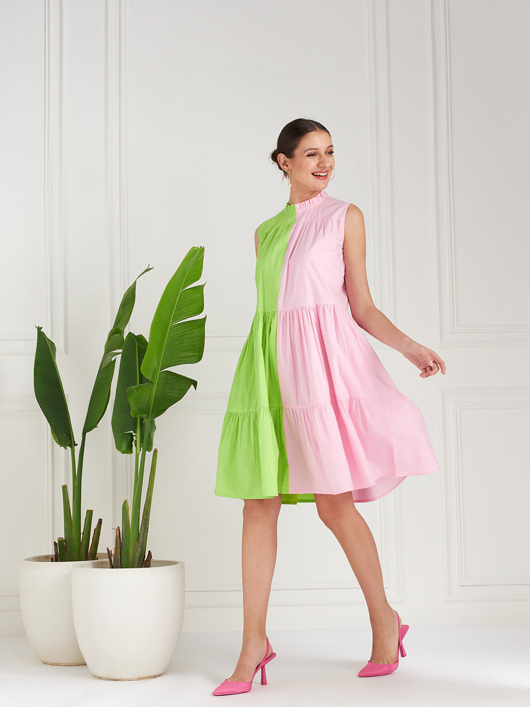 Athena Green Colourblocked Tiered A-Line Cotton Dress - Athena Lifestyle