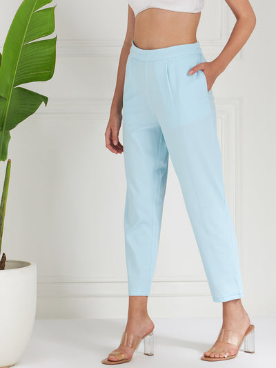 Athena Women Blue Relaxed Straight Leg Fit Pleated Trousers - Athena Lifestyle