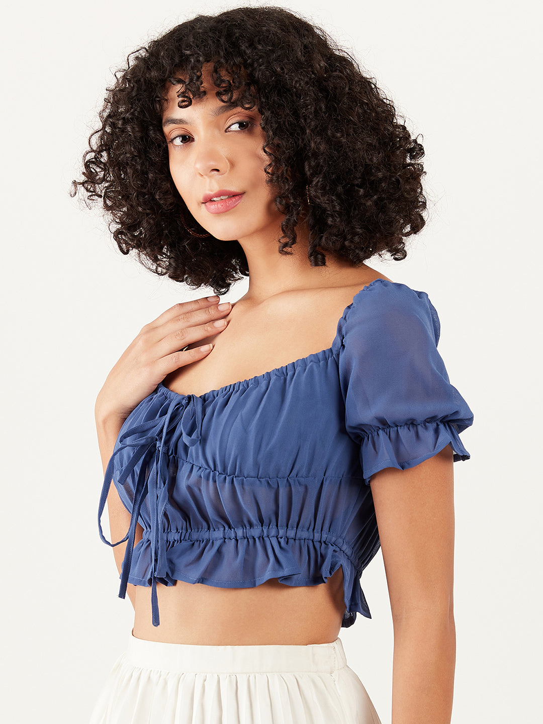 Athena Sweetheart Neck Puff Sleeve Gathered Cinched Waist Crop Top