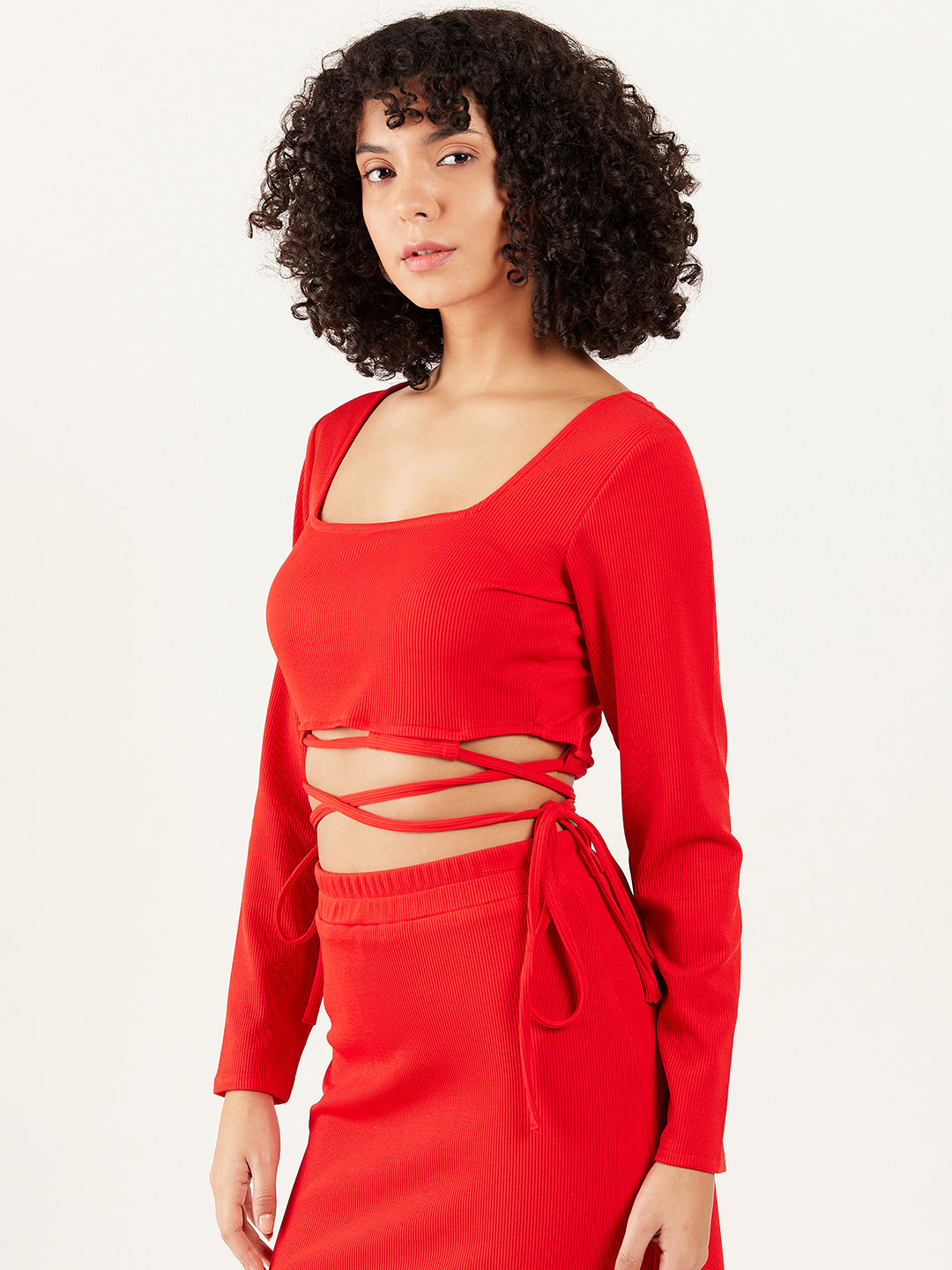 Athena Square Neck Tie-Up Detailed Fitted Crop Top