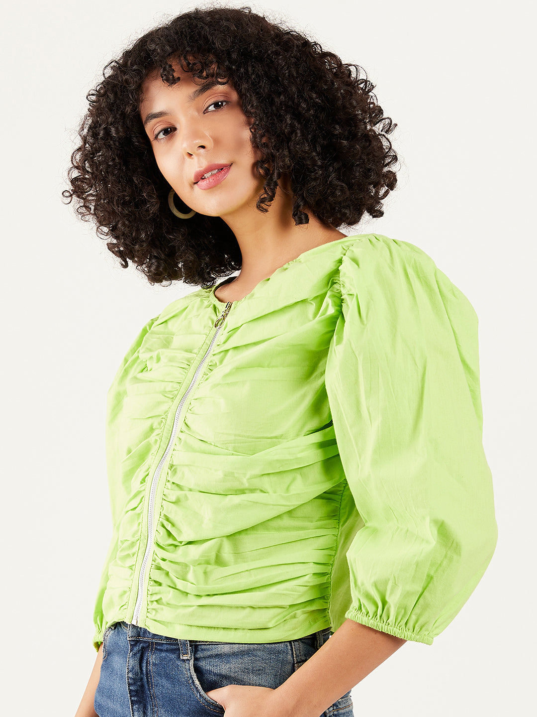 Athena V-Neck Puff Sleeve Gathered Cotton Shirt Style Top