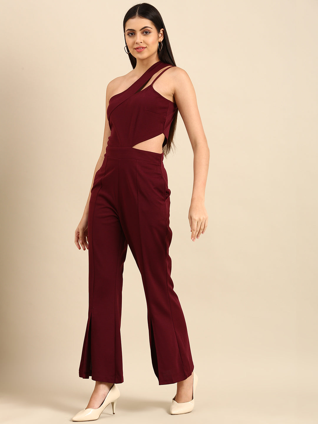 Petite Burgundy Drape One Shoulder Jumpsuit