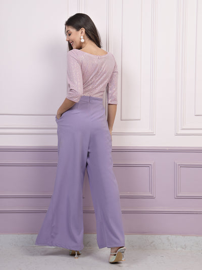 Athena Lavender Embellished Basic Jumpsuit With High Slit