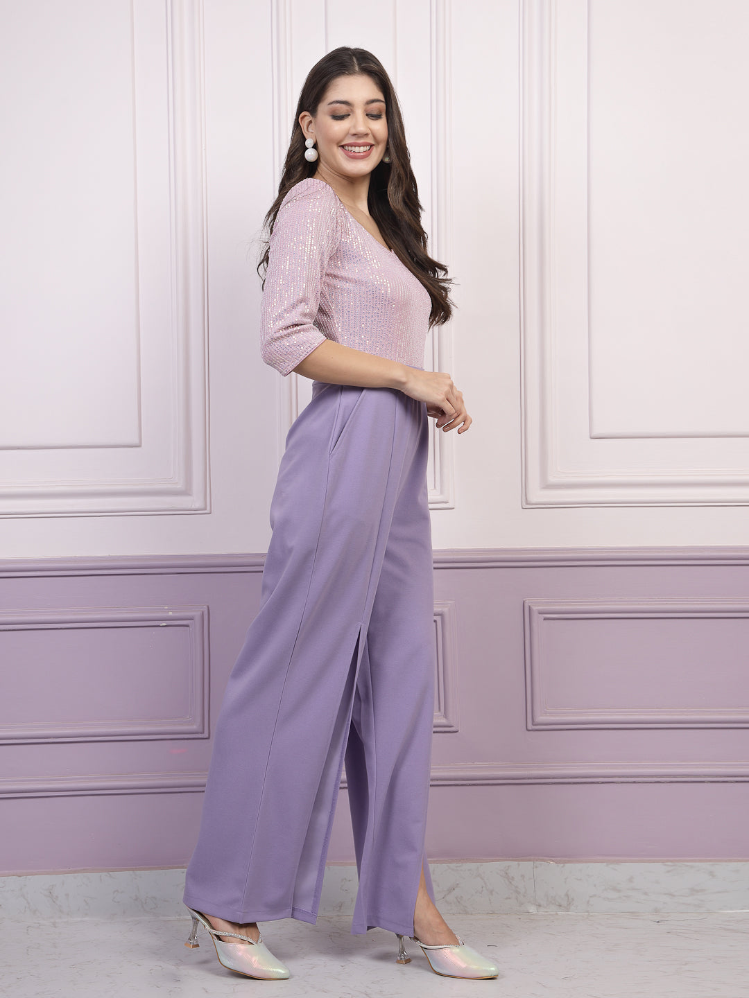 Athena Lavender Embellished Basic Jumpsuit With High Slit