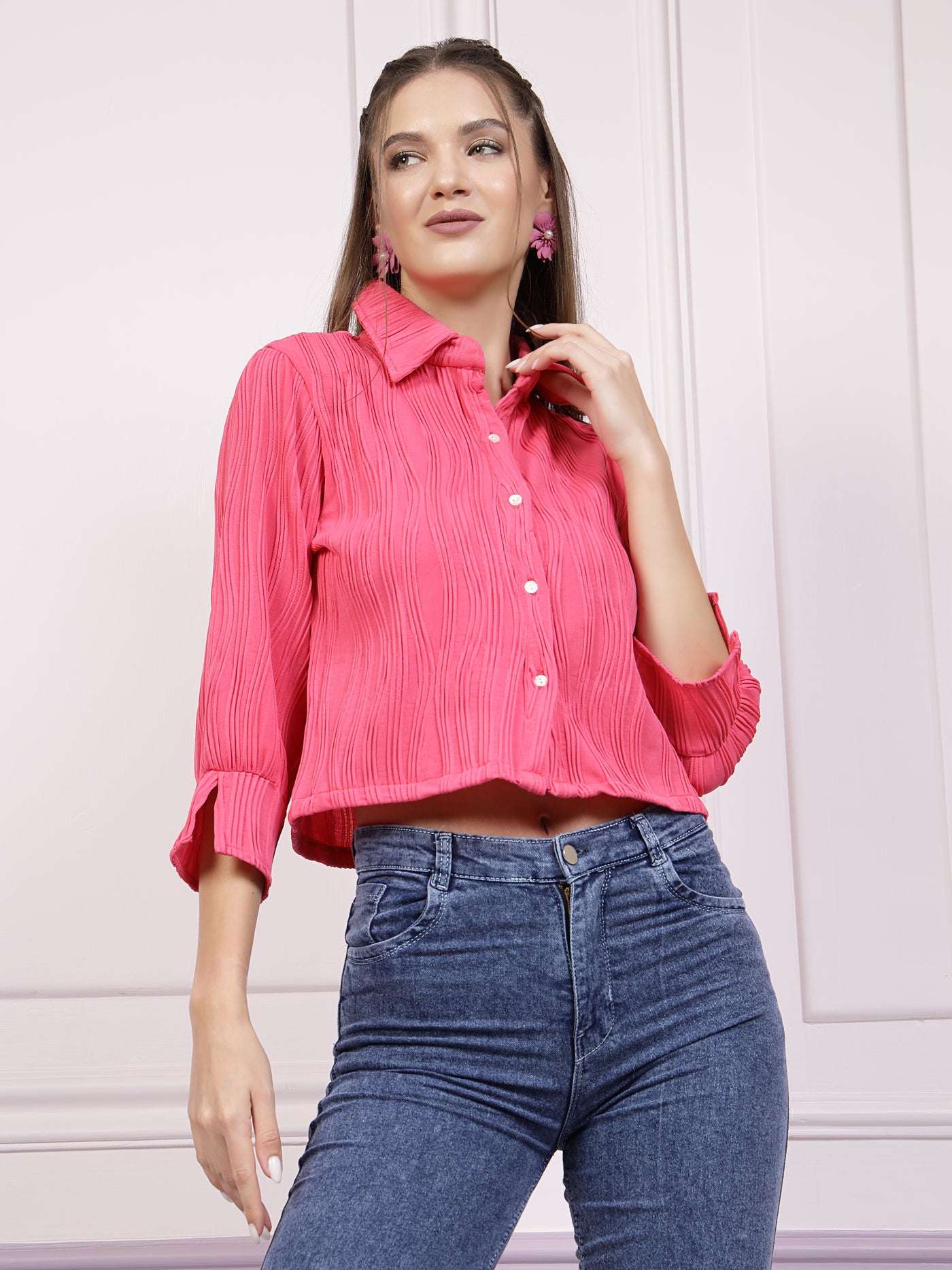 Athena Self Designed Crop Shirt Style Top