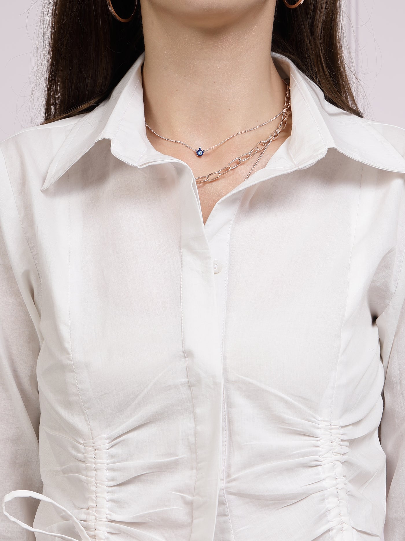 Athena White Spread Collar Ruched Shirt Cotton Top