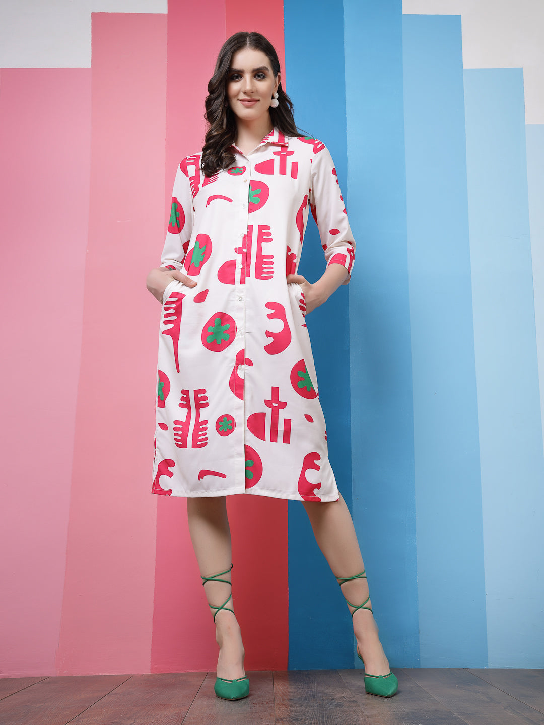 Athena White & Fuchsia Conversational Printed Shirt Dress