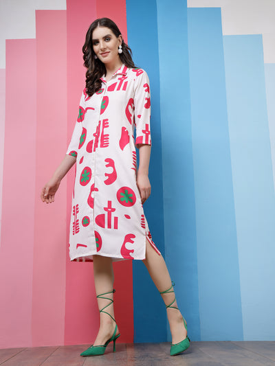 Athena White & Fuchsia Conversational Printed Shirt Dress