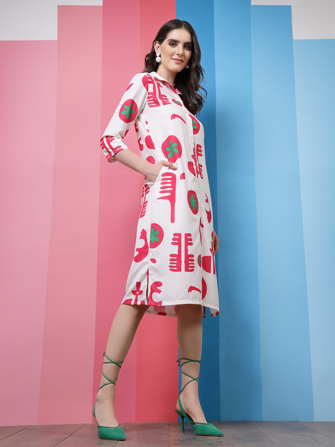 Athena White & Fuchsia Conversational Printed Shirt Dress