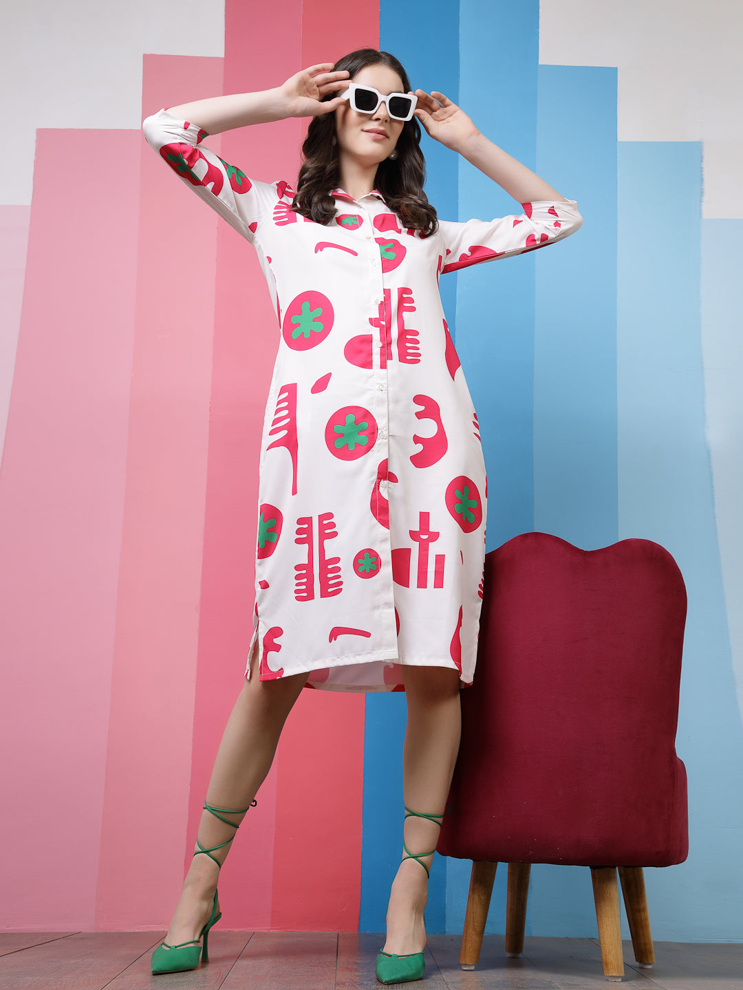 Athena White & Fuchsia Conversational Printed Shirt Dress