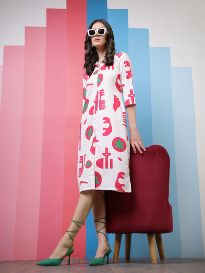 Athena White & Fuchsia Conversational Printed Shirt Dress