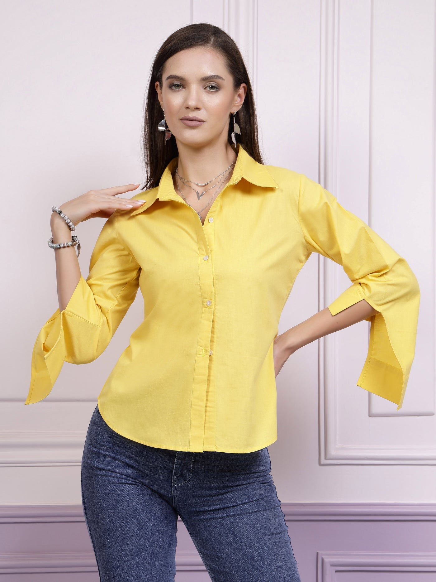 Athena Yellow High Low Cuff Cotton Shirt Style Top