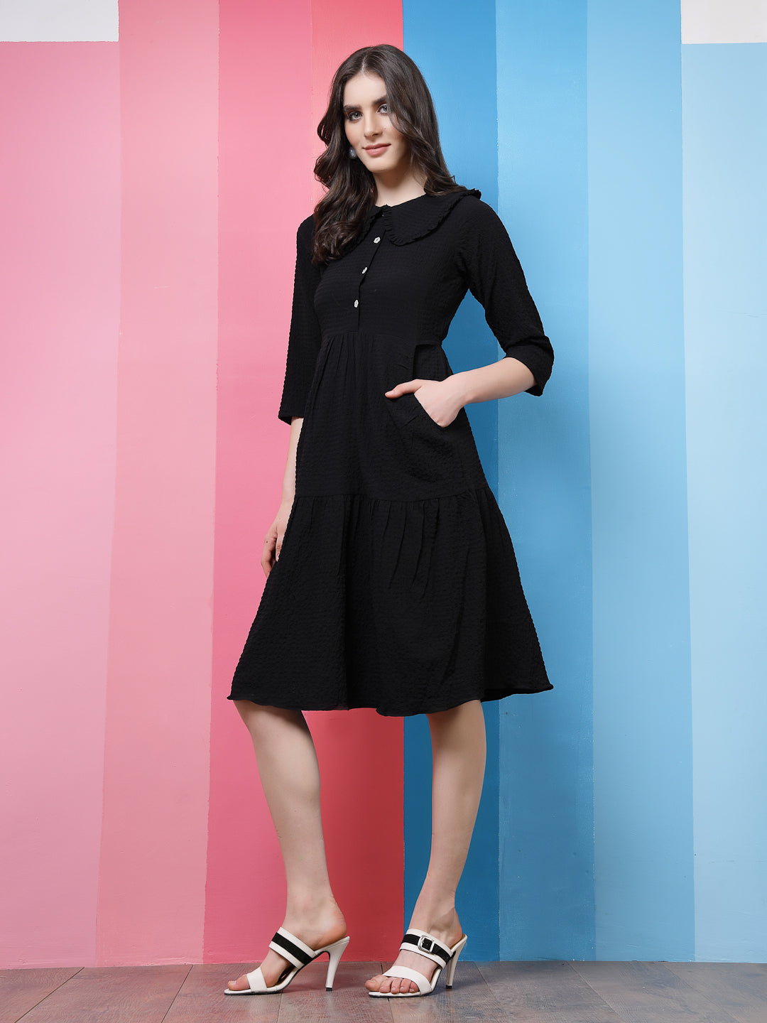 Athena Black Self Design Peter Pan Collar A-Line Dress