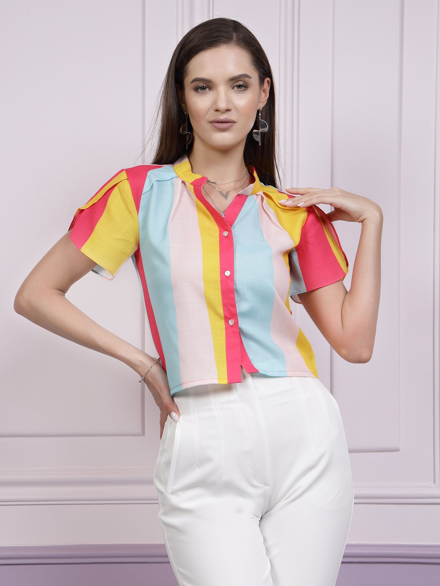 Athena Pink Striped Linen Shirt Style Top
