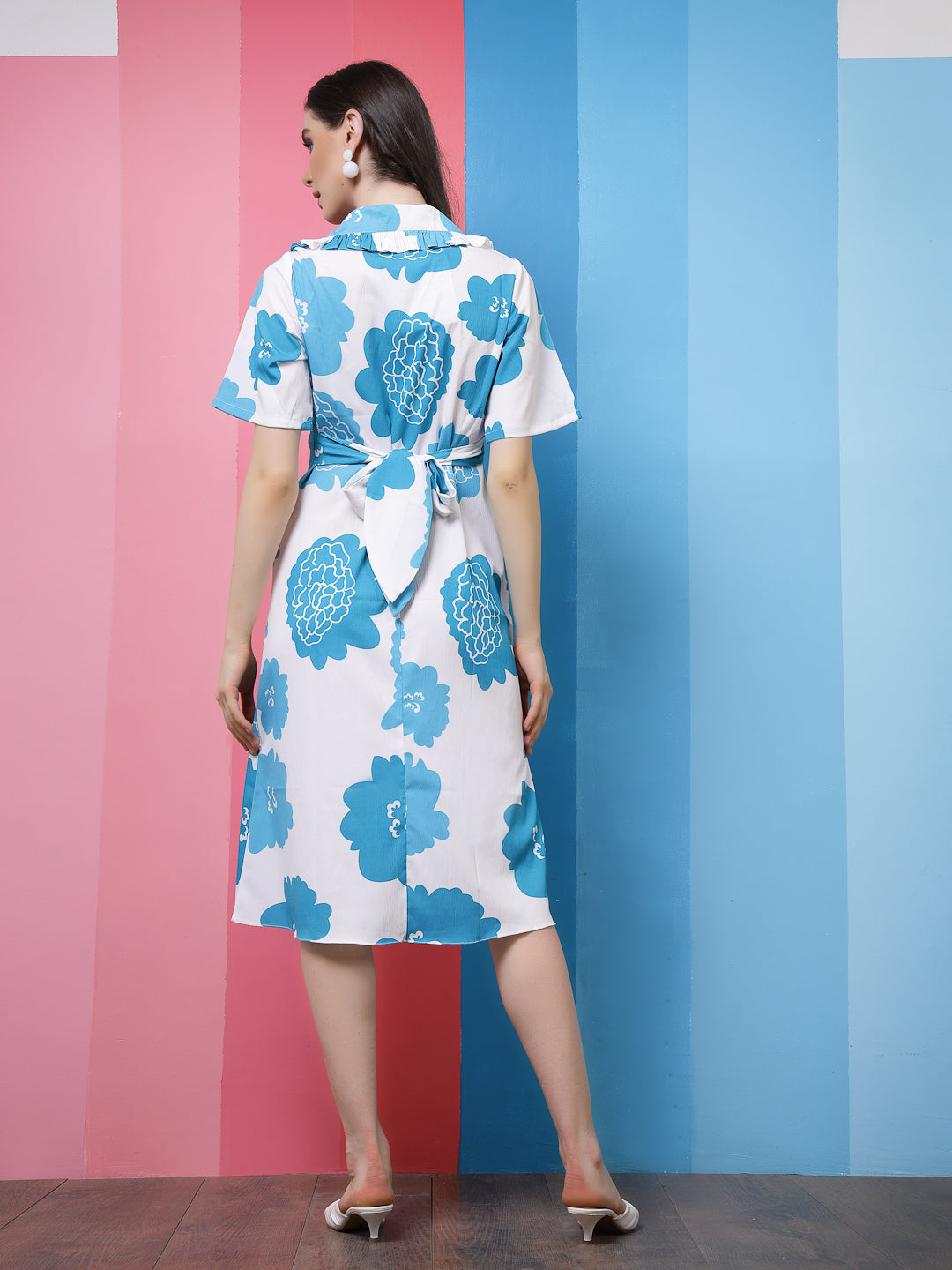 Athena Blue Floral Printed V-Neck Tie-Ups Detail A-Line Dress