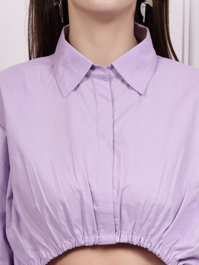 Athena Purple Batwing Sleeves Cotton Shirt Style Crop Top