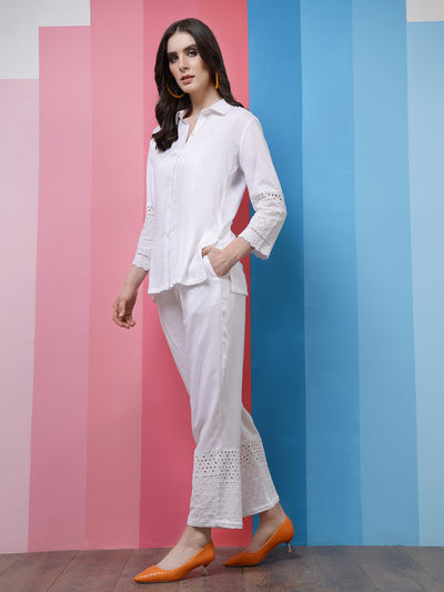 Athena White Self Design Three-Quarter Sleeves Shirt With Trousers Co-Ords